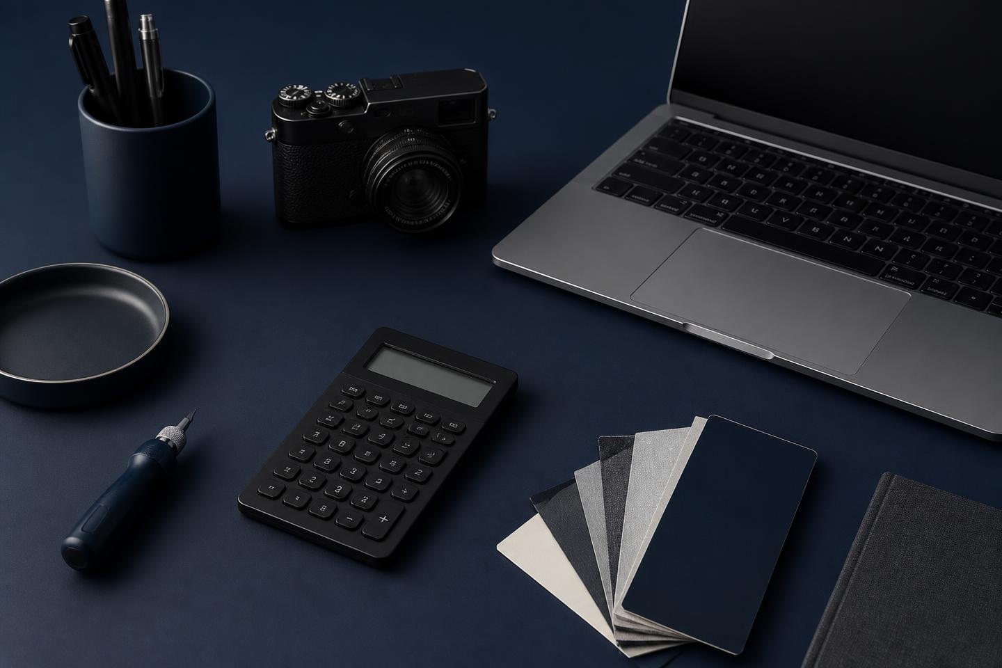 A professional workspace with tools, camera, calculator, laptop, and design materials for eClickNick Services